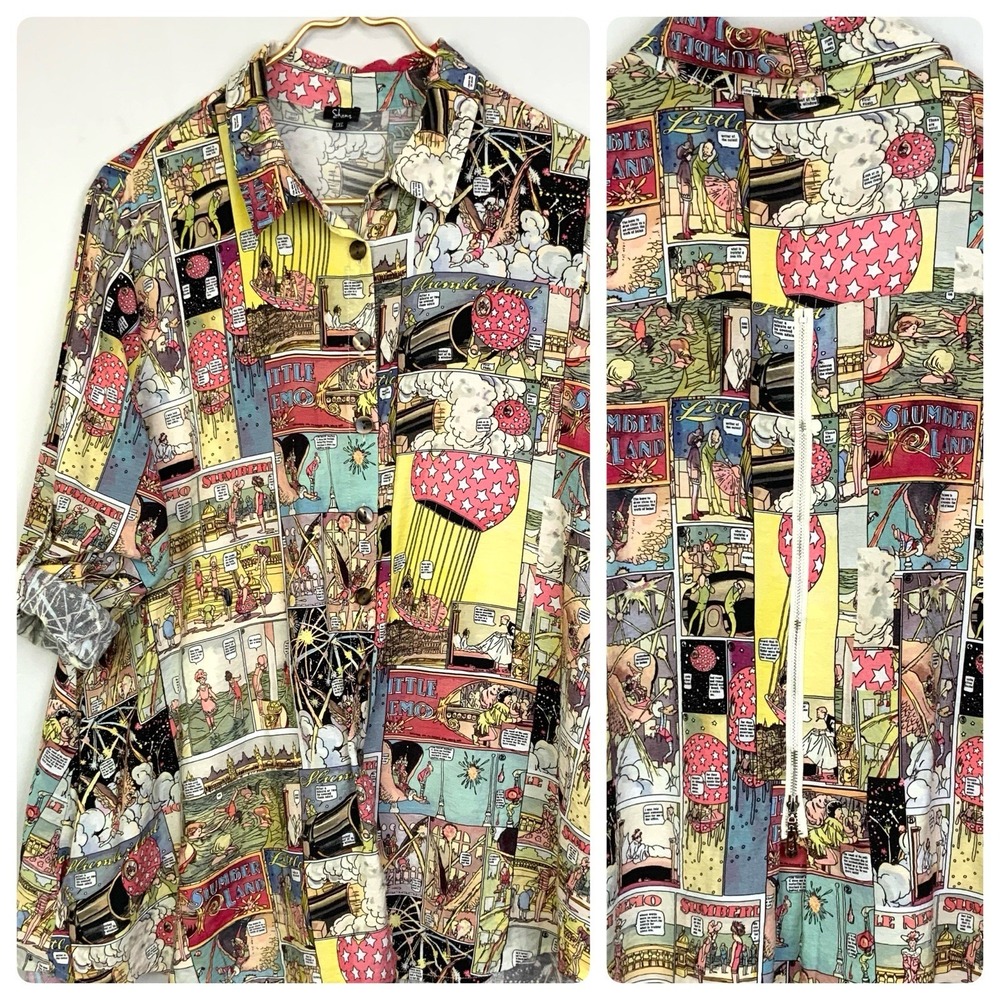 Shana Sz XXL Comic Print Button Down Shirt Back Zipper Pockets Roll Tab Pop Art